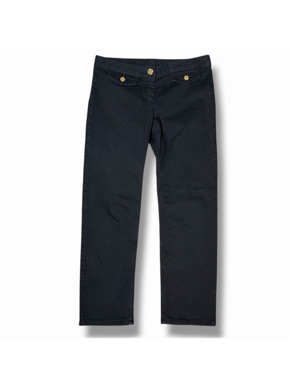 Balmain Womens Y2K Black Denim Straight Leg Pants Lo-Rise Gold Buttons 38/US 6